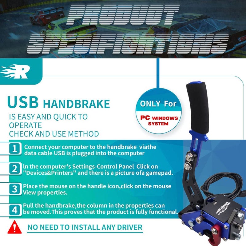 CNRAQR PC Racing Game USB Handbrake for 16Bit SIM for Racing Games, Compatible with G27 G29 G923 T500 T300 Simulate Linear Handbrake Blue（With Fixing Clip and Plate - Image 2